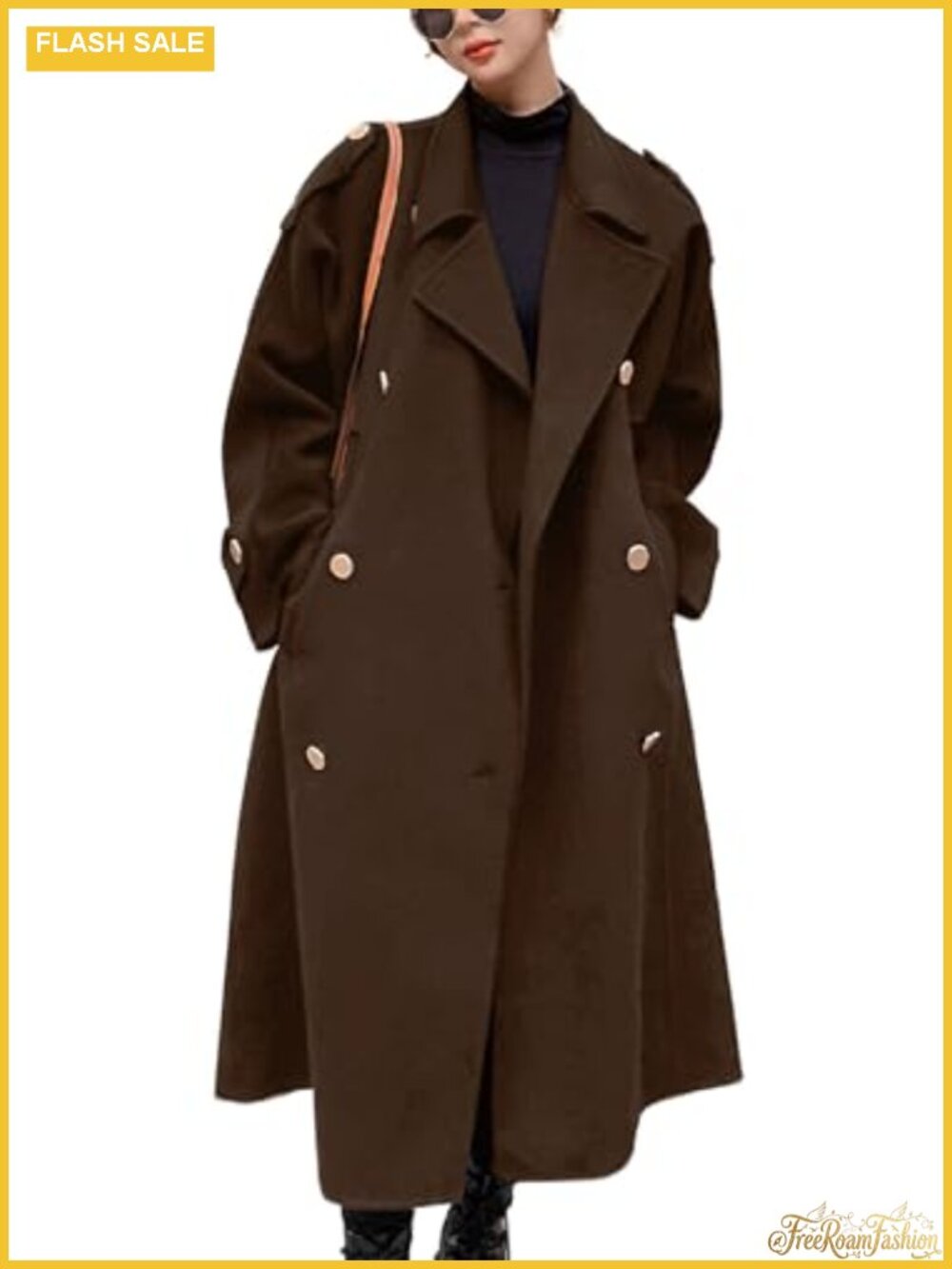 Womens Winter Wool Blend Double Breasted Midi Pea Coat Notch Lapel Long Sleeve